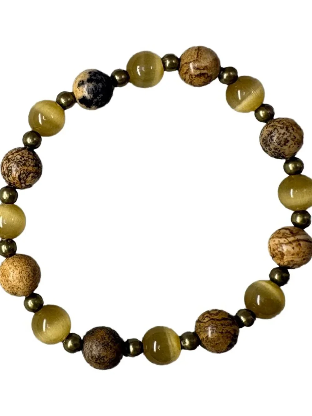 8mm Natural Yellow Cat's Eye Jasper Stretch Beaded Bracelet BronzeAlloy Talisman
